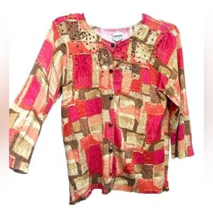 Chicos cardigan size 1 silk blend button up blouse multi embellished top artsy